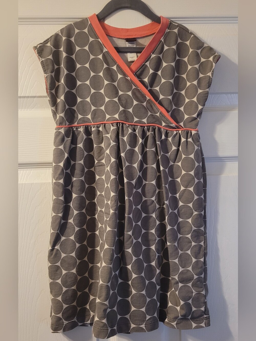 Tea Collection Gray Dot Wrap Dress with Coral Trim. 100 % Cotton